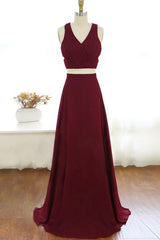 Two Piece V Neck Long Burgundy Prom Dress Outfits For Women Evening Dresses