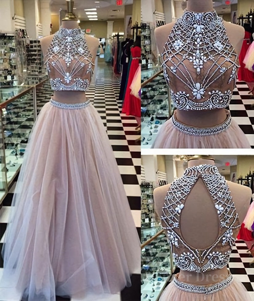 Two Pieces High-Neck Beaded Tulle Long  Champagne Prom Dresses, Evening Dresses