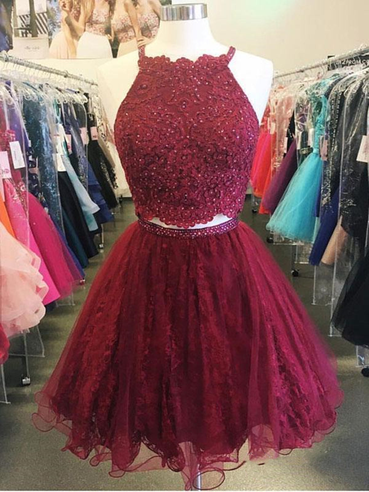 Two Pieces Short Burgundy Lace Prom Dresses For Black girls For Women, Wine Red 2 Pieces Short Lace Formal Homecoming Dresses