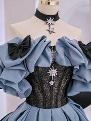 Unique Blue Satin Lace Long Prom Dress Outfits For Girls,Off Shoulder Evening Dresses