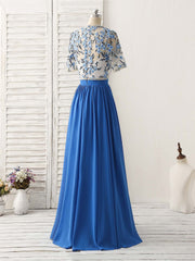 Unique Blue Two Pieces Long Prom Dress Outfits For Women Applique Formal Dress