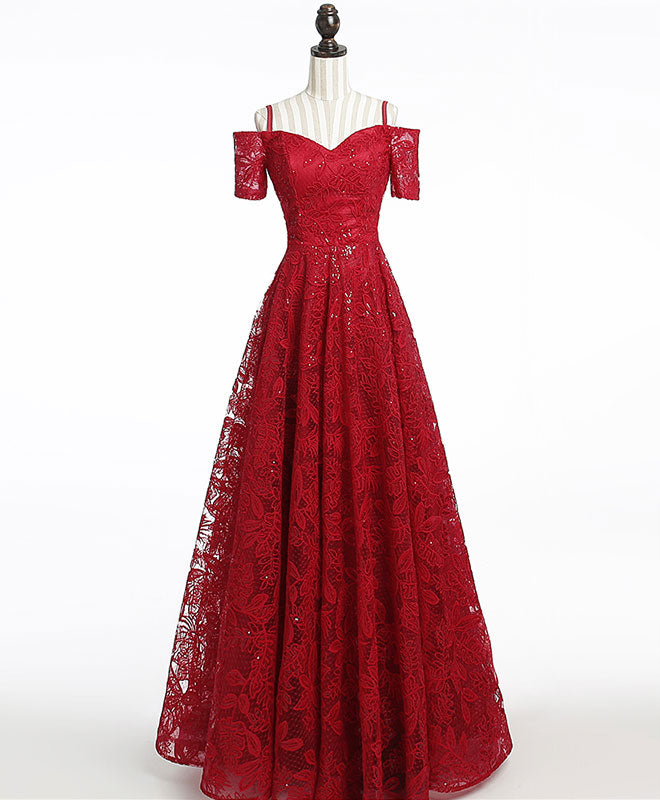 Unique Burgundy Lace Long Prom Dress Outfits For Girls, Burgundy Evening Dress