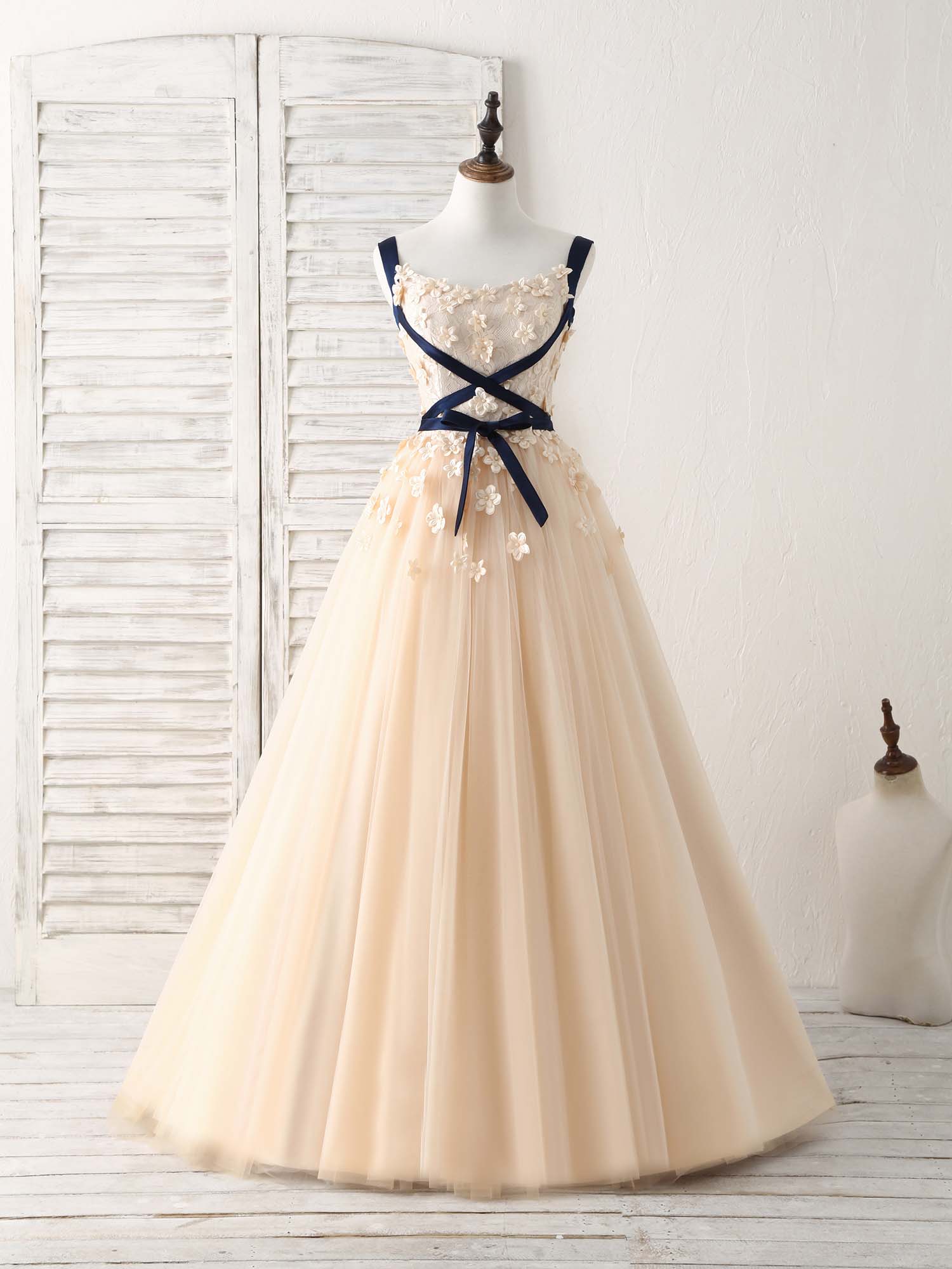 Unique Champagne Lace Tulle Long Prom Dress Outfits For Girls, Champagne Evening