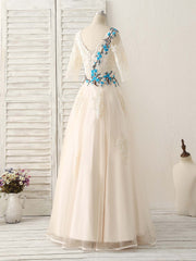 Unique Lace Applique Tulle Long Prom Dress Outfits For Women Light Champagne Bridesmaid Dress