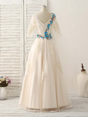 Unique Lace Applique Tulle Long Prom Dress Outfits For Women Light Champagne Bridesmaid Dress