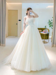 Unique Light Champagne Tulle Long Prom Dress Outfits For Girls, Tulle Formal Wedding Party Dress