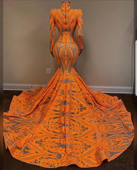 Unique Orange Long Sleeves Mermaid Prom Dress Outfits For Women Sequins