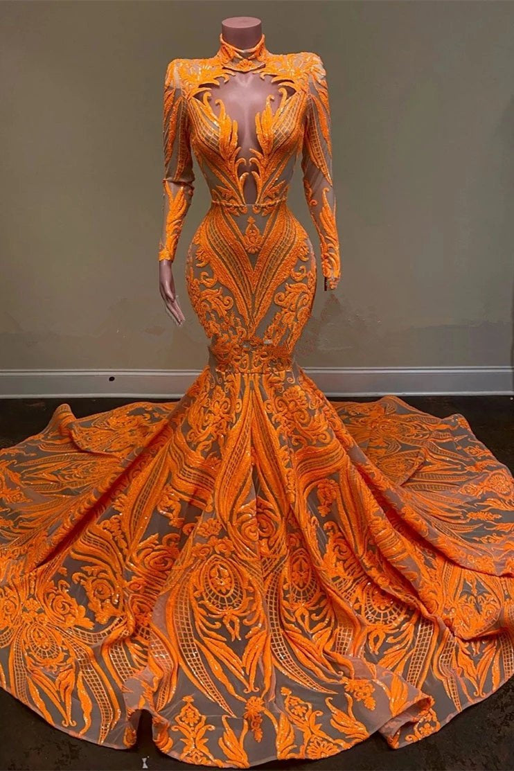 Unique Orange Long Sleeves Mermaid Prom Dress Outfits For Women Sequins