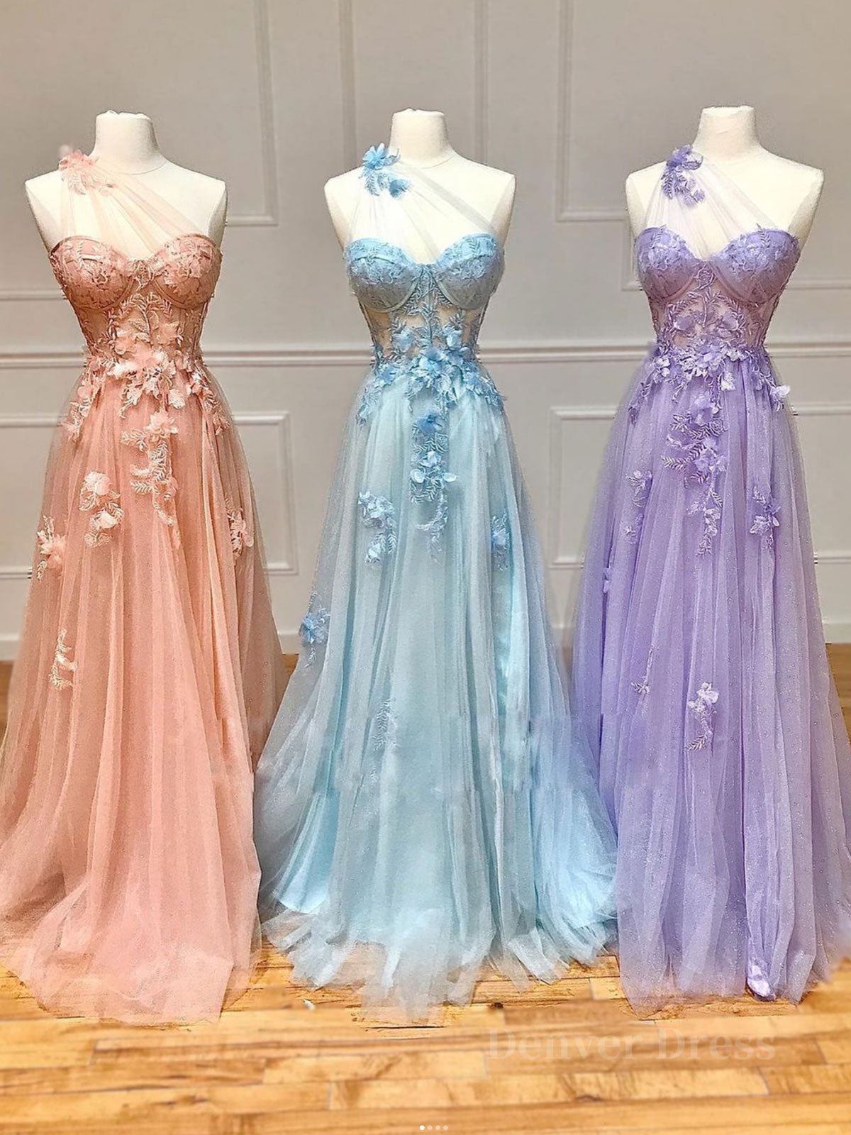 Unique sweetheart neck tulle lace long prom dress A line evening dress