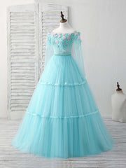 Unique Tulle Lace Applique Long Prom Dress Outfits For Girls, Green Evening Dress