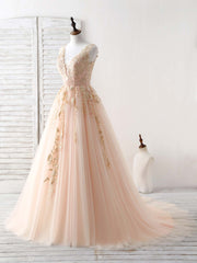 Unique V Neck Tulle Lace Applique Long Prom Dress Outfits For Girls, Evening Dress