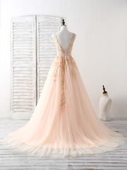Unique V Neck Tulle Lace Applique Long Prom Dress Outfits For Girls, Evening Dress
