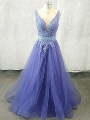 Unique V Neck Tulle Lace Applique Long Prom Dress Outfits For Girls, Tulle Evening Dress