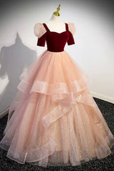 Unique Velvet Long A-Line Prom Dress Outfits For Women with Ruffles, Cute Evening Party Dress