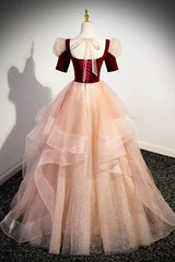 Unique Velvet Long A-Line Prom Dress Outfits For Women with Ruffles, Cute Evening Party Dress