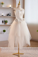 Unique White Strapless Irregular Tulle Short Prom Dress Outfits For Girls, White Party Dress