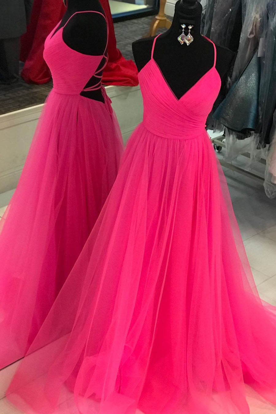 V Neck A-line Hot Pink Long Tulle Prom Graduation Dress Outfits For Women with Lace-up Back