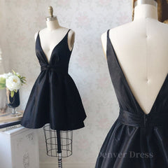 V Neck and V Back Black Satin Short Prom Homecoming Dress, V Neck Black Formal Graduation Evening Dress, Black Cocktail Dress