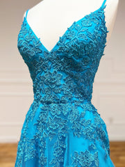 V Neck Backless Blue Lace Long Prom Dresses For Black girls For Women, Open Back Blue Lace Long Formal Evening Dresses