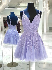 V Neck Backless Purple Lace Short Prom Dresses For Black girls For Women, Open Back Purple Short Lace Formal Homecoming Dresses