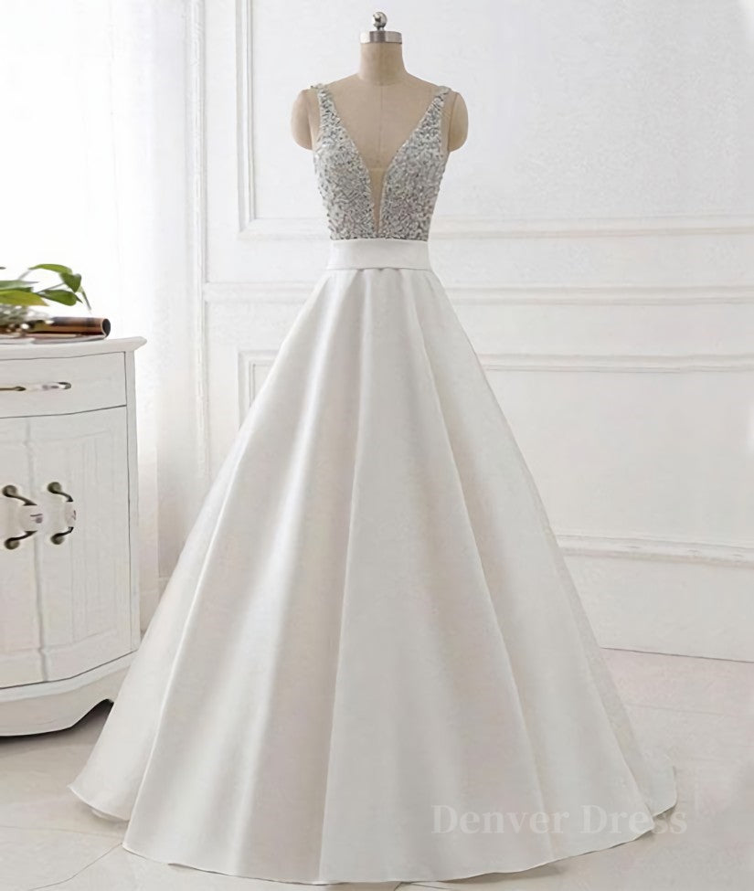 V Neck Backless White Prom Dress With Beads, V Neck Formal Dress, White Evening Dress