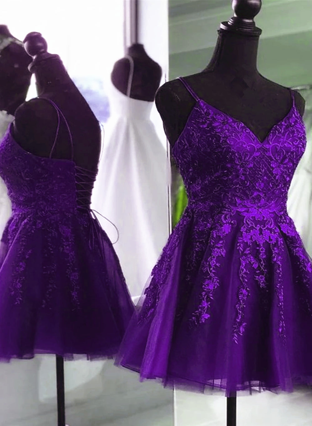 V Neck Beaded Purple Lace Prom Dress Outfits For Girls, Purple Lace Homecoming Dress Outfits For Women Short Party Dress