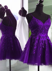 V Neck Beaded Purple Lace Prom Dress Outfits For Girls, Purple Lace Homecoming Dress Outfits For Women Short Party Dress