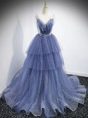 V Neck Blue Beaded Layered Long Prom Dresses For Black girls For Women, Blue High Low Formal Graduation Dresses