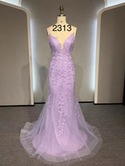 V Neck Mermaid Purple Lace Prom Dresses For Black girls For Women, V Neck Mermaid Purple Lace Formal Evening Dresses
