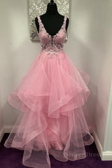 V Neck Open Back Pink Lace Puffy Tulle Long Prom Dresses, Pink Lace Formal Dresses, Pink Evening Dresses