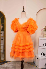V-Neck Orange Ruffled Short Homecoming Dress with Puff Sleeves