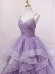 V Neck Purple Sequin Long Prom Dress Outfits For Girls, Purple V Neck Long Formal Evening Dresses
