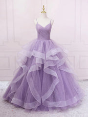 V Neck Purple Sequin Long Prom Dress Outfits For Girls, Purple V Neck Long Formal Evening Dresses