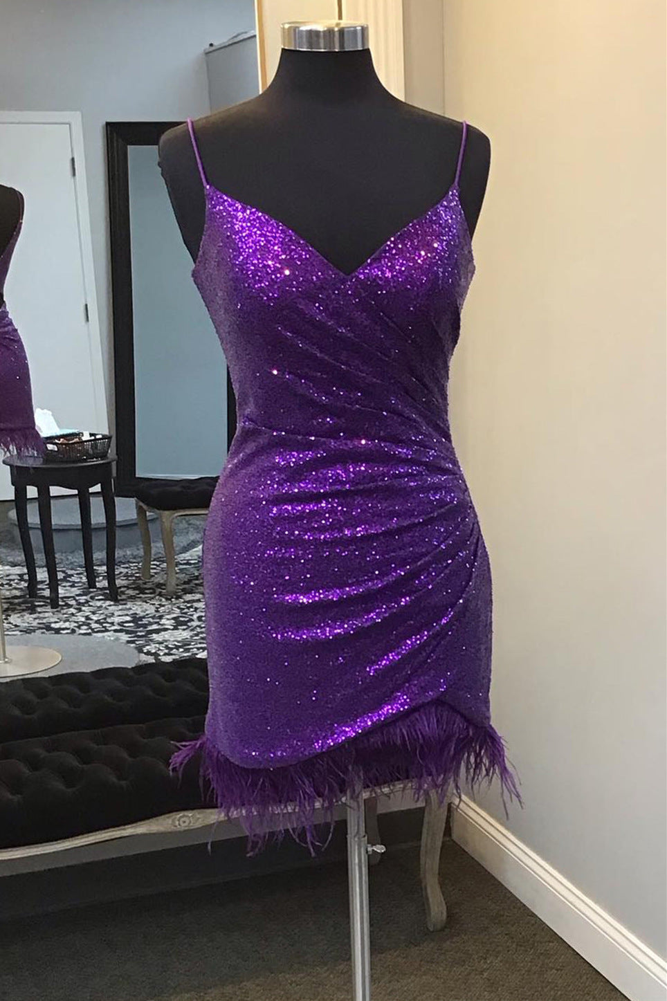 V-Neck Purple Sequins Homecoming Dress with Feather Hem