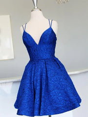 V Neck Short Backless Blue Lace Prom Dresses For Black girls For Women, Open Back Short Blue Lace Formal Homecoming Dresses