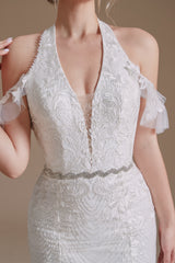 V-Neck Sleeveless Lace With Train Off The Shoulder Tulle Wedding Dresses