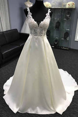 V neck White A line Lace appliques Princess Wedding Dress