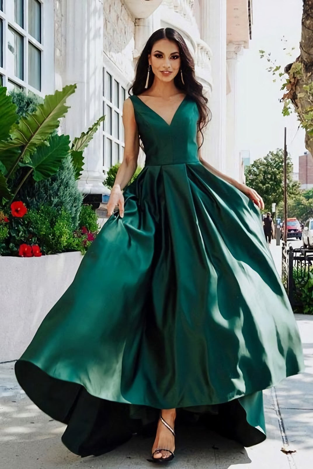 V Neckline Dark Green Prom Dresses With Satin Skirt