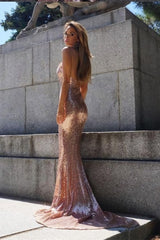 V Neckline Sparkling Sequin Prom Dress Mermaid Train