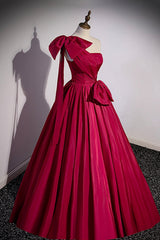 Burgundy Satin Long Prom Dress, One Shoulder Evening Dress with Bow