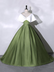 White+Green Satin Floor Length Prom Dress, V-Neck Off the Shoulder Evening Dress