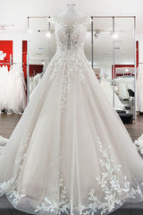 Vintage Long A-line Jewel Tulle Ruffles Wedding Dress with Lace Appliques