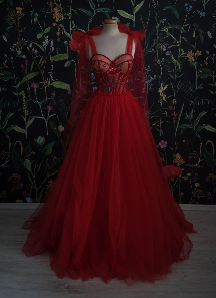 Vintage Red Tulle Prom Dress Outfits For Girls,Women Evening Gowns with Flowers
