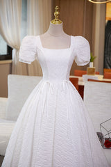 White A-Line Homecoming Dress Outfits For Girls, Cute Short Sleeve Evening Dress