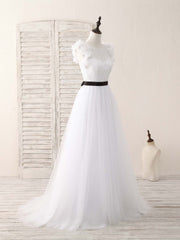 White A-Line Lace Tulle Long Prom Dress Outfits For Girls, White Evening Dress