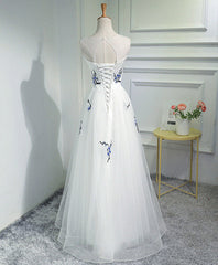White A-Line Tulle Long Prom Dress Outfits For Girls, White Evening Dress