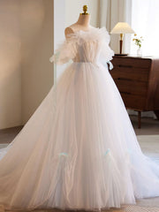 White A-Line Tulle Long Prom Dress Outfits For Girls, White Formal Dress