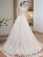 White A-line Tulle Long Prom Dress Outfits For Girls, White Tulle Formal Dress