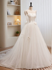 White A-line Tulle Long Prom Dress Outfits For Girls, White Tulle Formal Dress