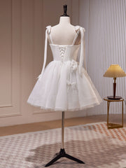 White A-Line Tulle Short Prom Dress Outfits For Girls, Cute White Homecoming Dress